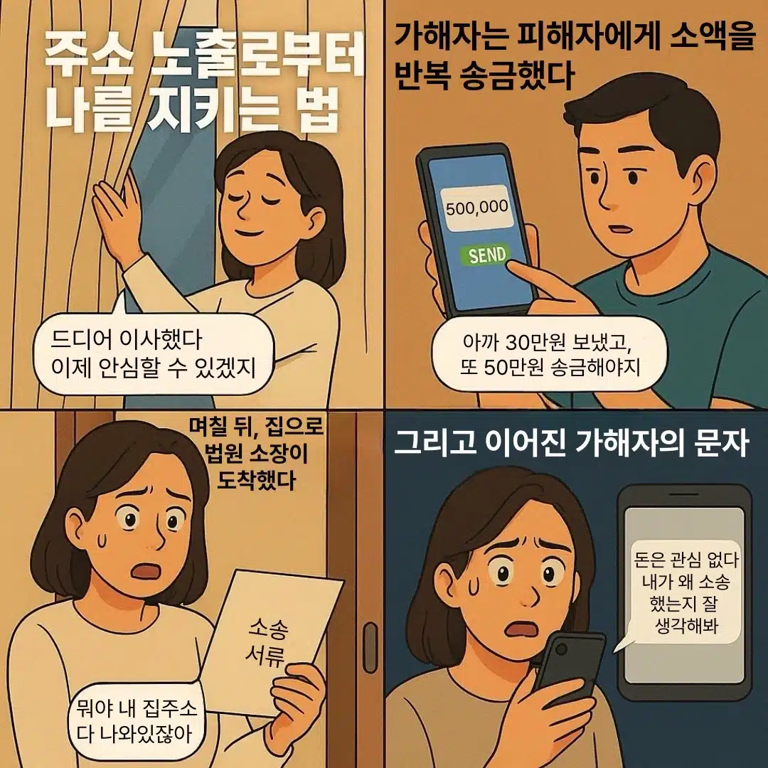 스토킹 가해자가 피해자의 집주소를 알아내는 과정을 보여주는 일러스트, ‘주소 노출로부터 나를 지키는 법’ 문구 포함