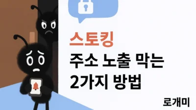 스토킹 피해자가 주소 노출을 당하지 않도록 현관문 앞에서 휴대폰을 들고 대처하는 로개미 캐릭터 일러스트. 문 뒤에는 스토커 캐릭터가 숨어 있으며, 오른쪽에는 자물쇠 아이콘과 ‘스토킹 주소 노출 막는 2가지 방법’ 문구가 표시된 썸네일 이미지. 스토킹 피해 예방, 주소 보호 방법 안내용.”